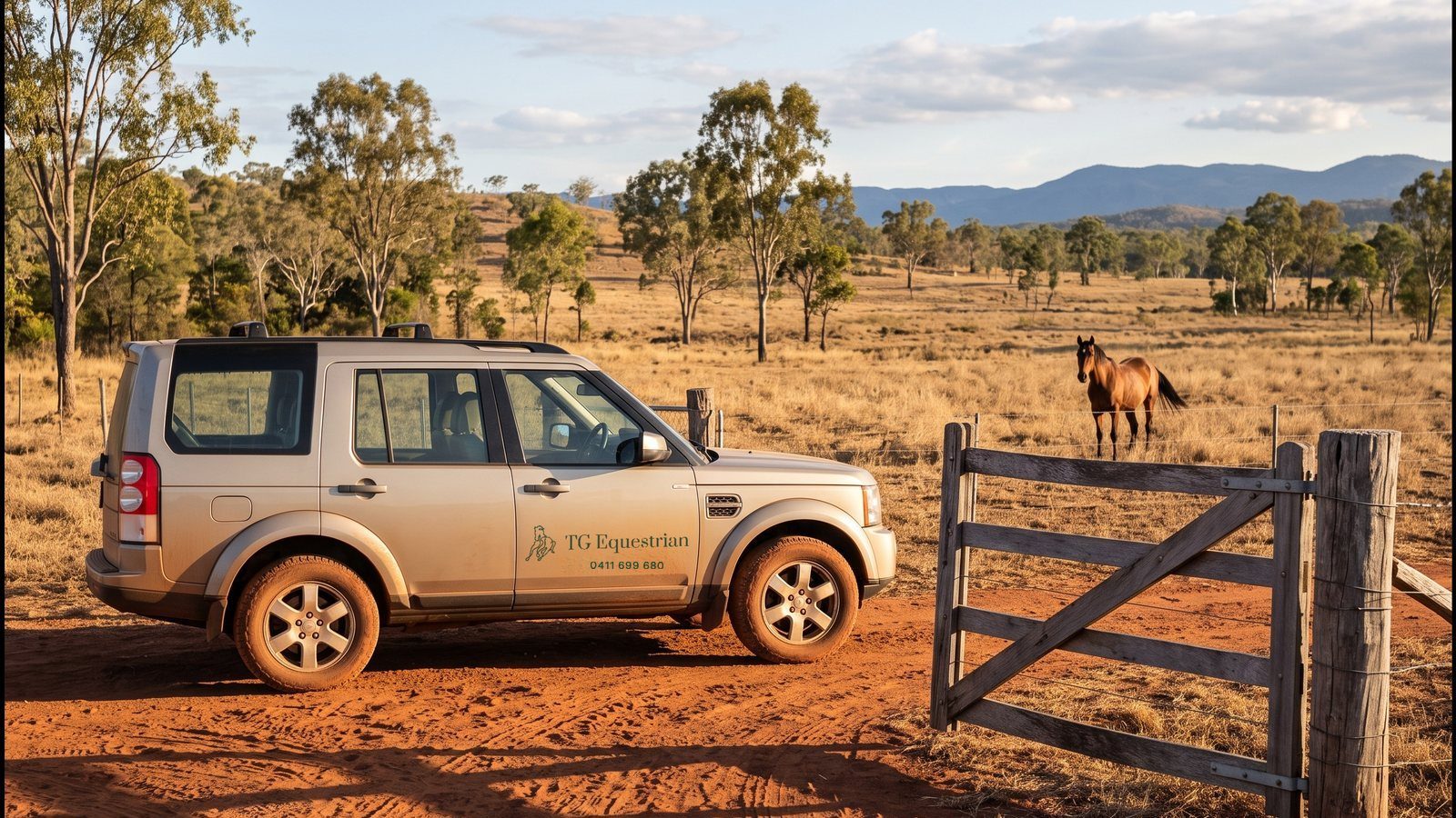 The TG Equestrian four-wheel drive parked on red earth at an open timber farm gate, with a bay horse waiting in the paddock beyond