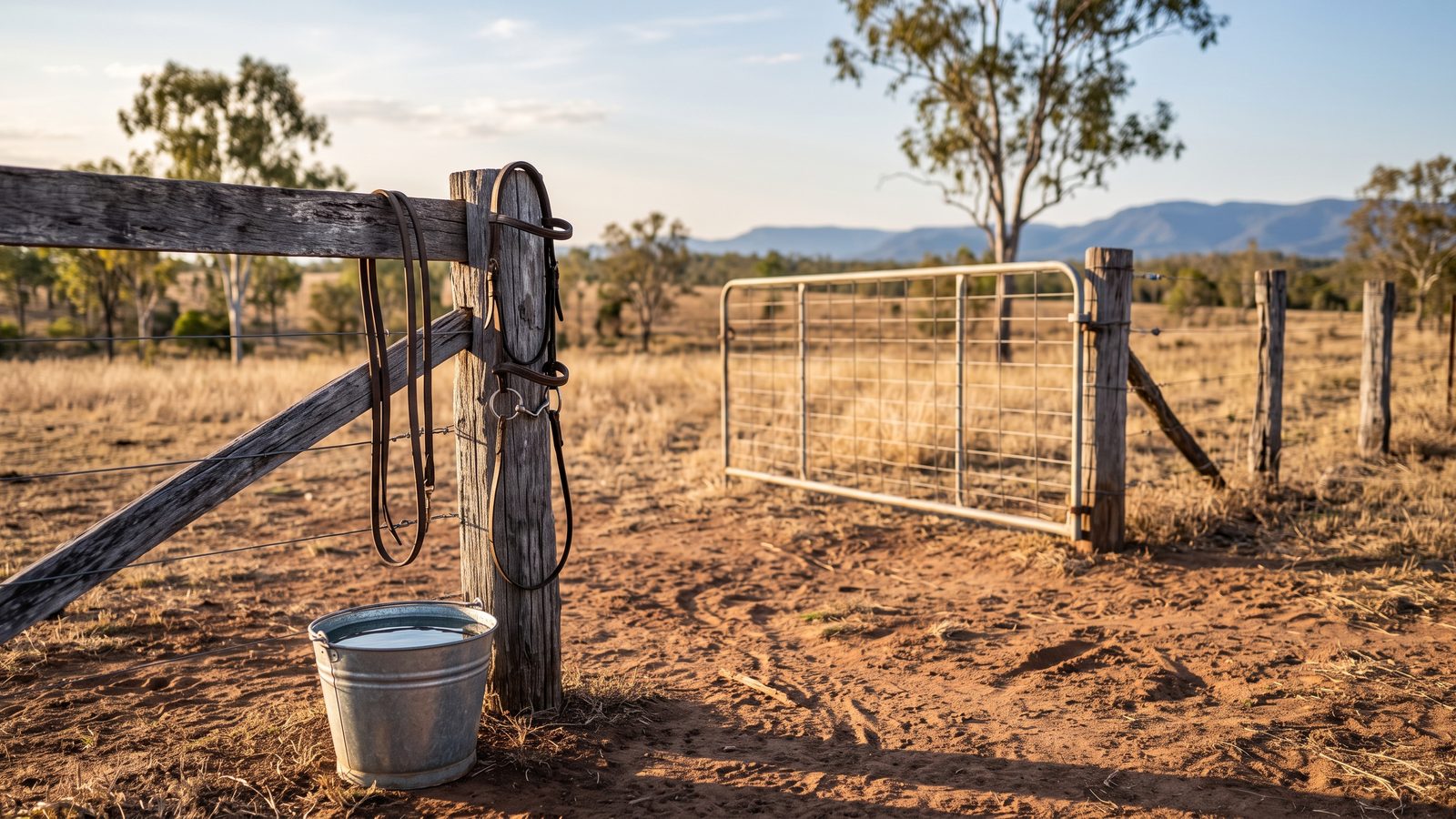 A bridle hanging on a weathered fence post beside a full water bucket, with a farm gate standing open onto a paddock