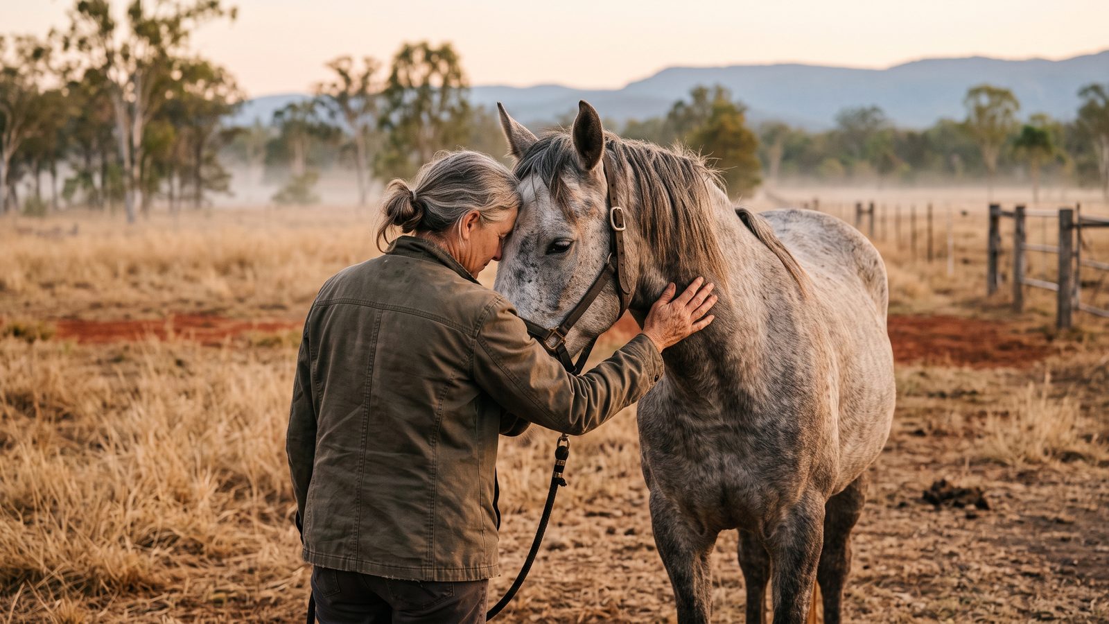 A woman standing quietly at her horse's shoulder at first light, her forehead resting against his cheek and one hand on his neck