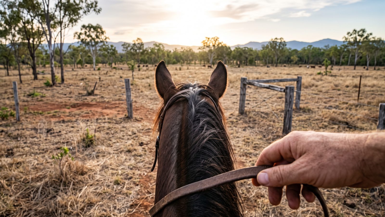 The view from the saddle: a horse's ears and mane, and one hand resting quietly on the rein, with open paddock ahead