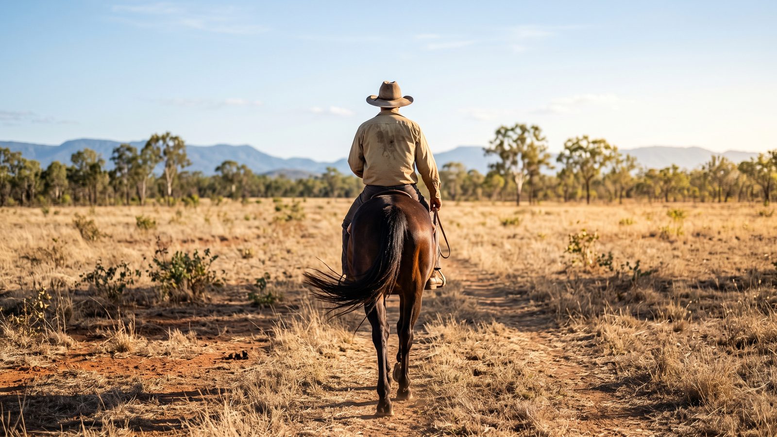 A rider seen from behind, riding their horse at a walk across open dry paddock country in late afternoon light