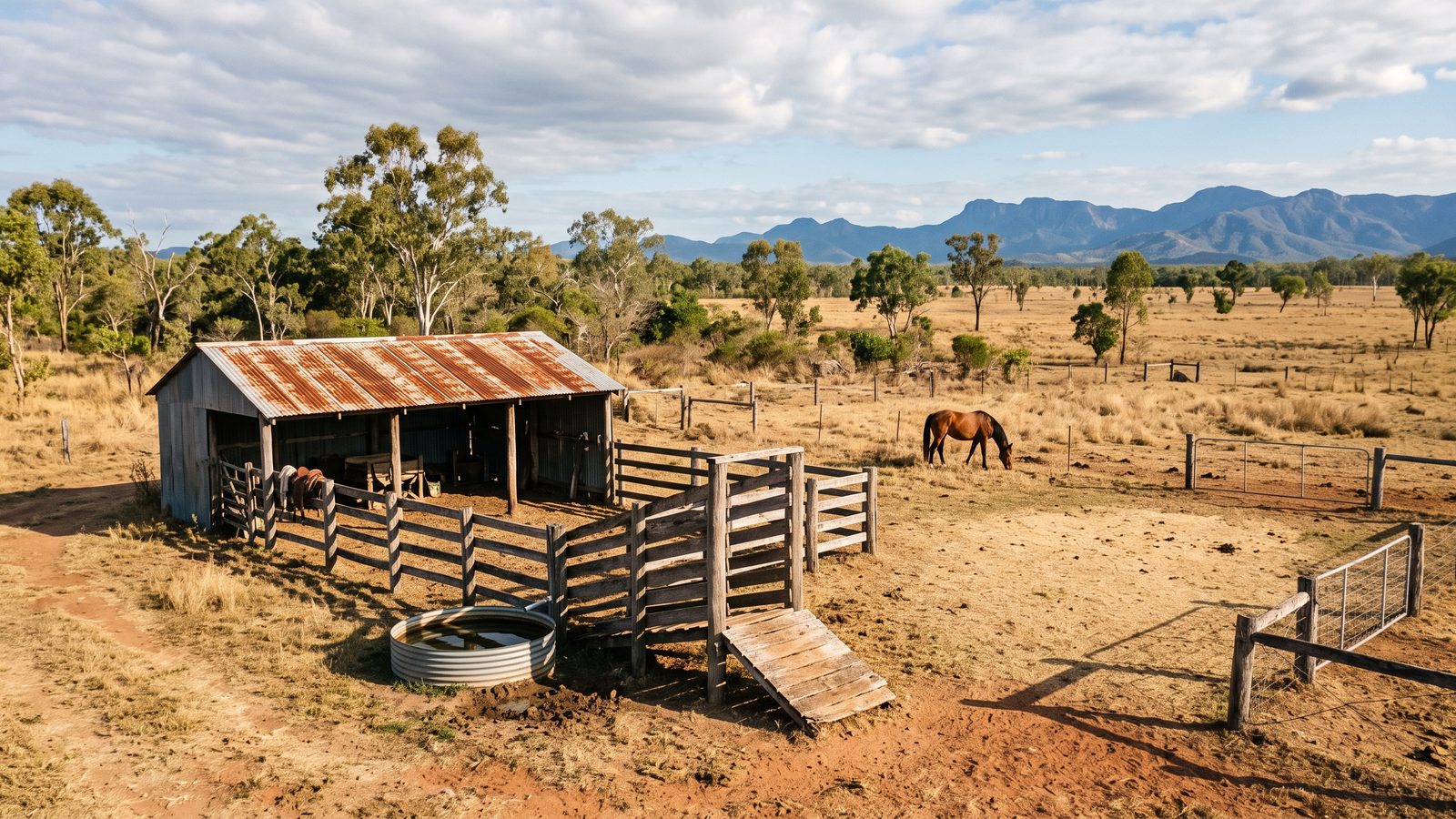 An ordinary property with an iron shed, rough timber yards, a water trough and a horse grazing beyond